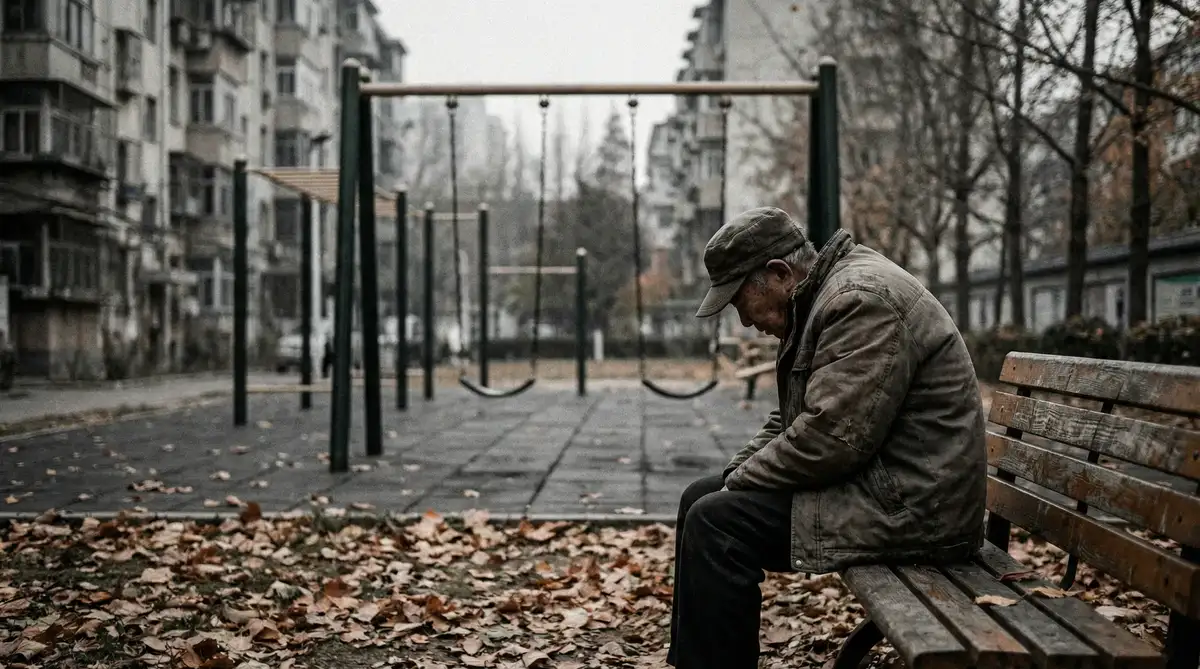 秋日公园长椅上独坐的老人与空荡的儿童游乐设施